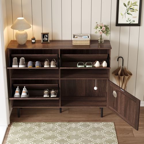 Meuble à Chaussures 3 Abattants, Rangement Gain De Place, Panneaux Particules, Noyer Naturel