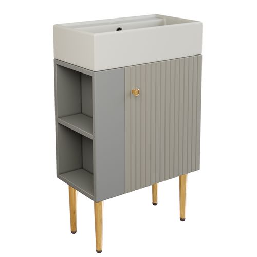 Meuble Sous-vasque Avec Vasque Intégrée Et Rangements, Compact, Mdf Gris Clair