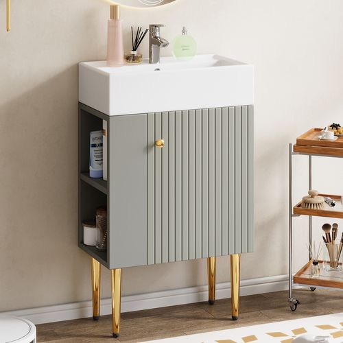 Meuble Sous-vasque Avec Vasque Intégrée Et Rangements, Compact, Mdf Gris Clair