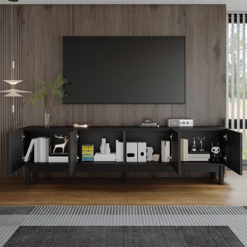 Meuble TV Bas - Meuble Design Ondulé Avec Rangement Et Portes, Banc TV Moderne Stable - Noir