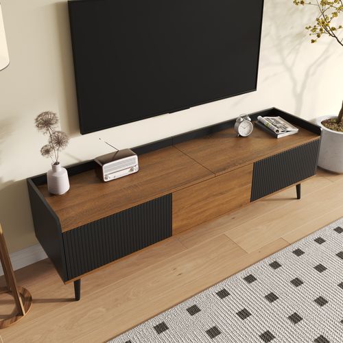 Meuble TV Bas Compact, Rangement, Portes, Design Moderne Imitation Bois, Noir