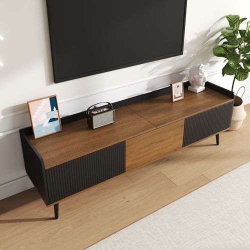 Meuble TV Bas Compact, Rangement, Portes, Design Moderne Imitation Bois, Noir