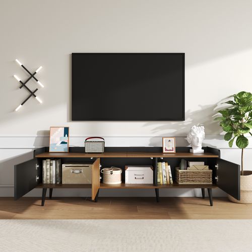 Meuble TV Bas Compact, Rangement, Portes, Design Moderne Imitation Bois, Noir