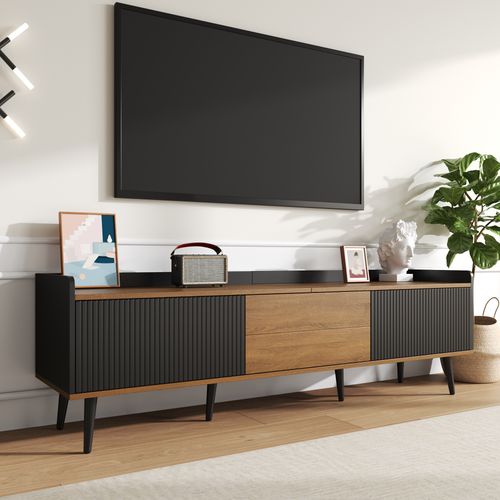 Meuble TV Bas Compact, Rangement, Portes, Design Moderne Imitation Bois, Noir