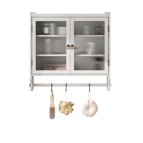Armoire Murale Vintage, Porte-serviettes, Vitrées, Bois , 3 Étagères, Blanc