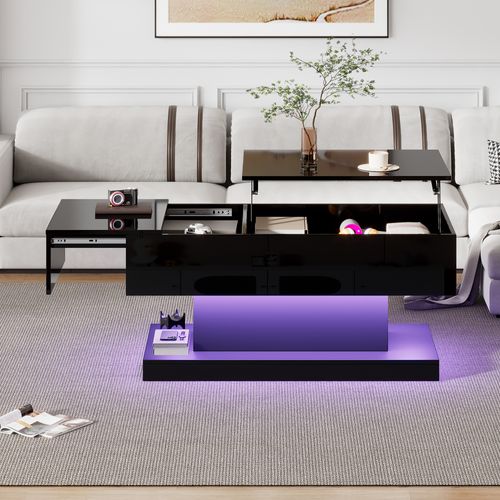 Table Basse Relevable Moderne - Table Basse Avec LED Et Rangement, Relevable Hydraulique, Noir