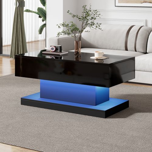 Table Basse Relevable Moderne - Table Basse Avec LED Et Rangement, Relevable Hydraulique, Noir