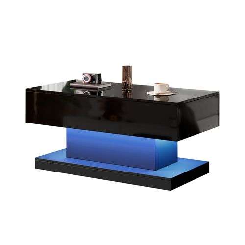 Table Basse Relevable Moderne - Table Basse Avec LED Et Rangement, Relevable Hydraulique, Noir