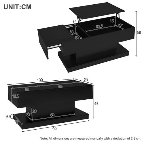 Table Basse Relevable Moderne - Table Basse Avec LED Et Rangement, Relevable Hydraulique, Noir