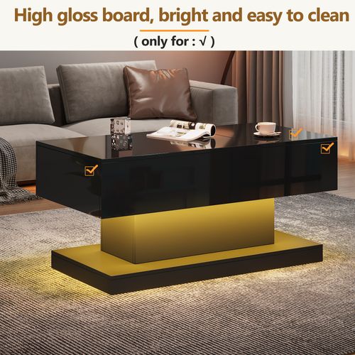Table Basse Relevable Moderne - Table Basse Avec LED Et Rangement, Relevable Hydraulique, Noir