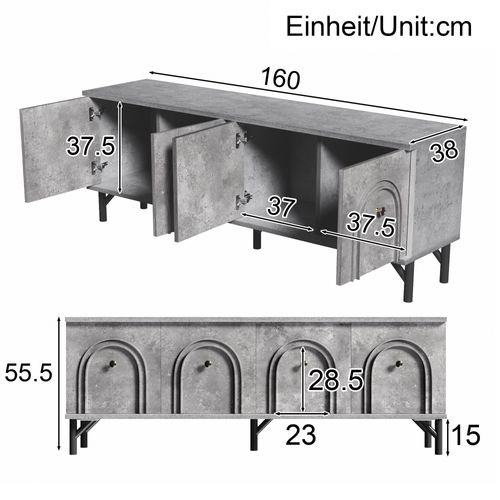 Meuble TV Bas Moderne Ondulé, 4 Portes, Passe-câbles, Rangement, Panneaux Particules, Naturel