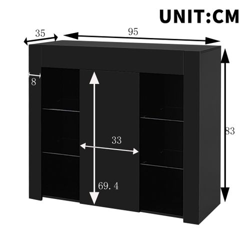 Buffet Laqué, Portes Et Étagères Verre, Bahut Compact Design, Meuble Rangement Moderne, Noir