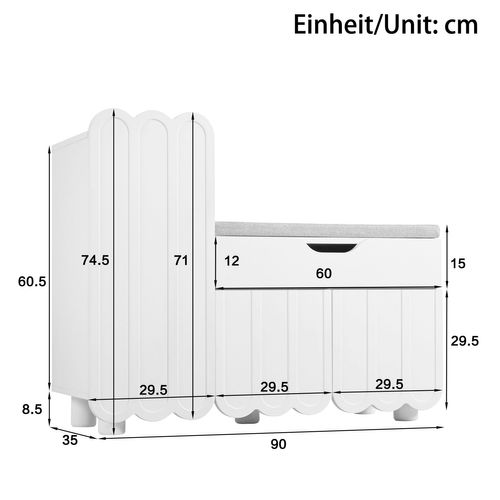 Meuble à Chaussures Moderne, 3 Portes, Banc Rangement, Tiroir Et Étagères, Blanc