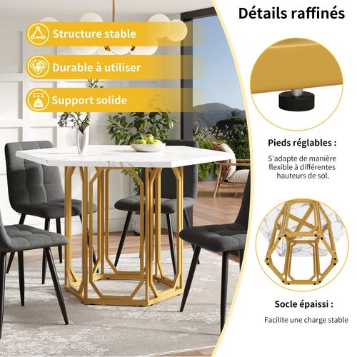 Table à Manger Hexagonale, Moderne, Plateau Effet Marbre, Pieds Métal Dorés, Mdf/métal, Blanc/or