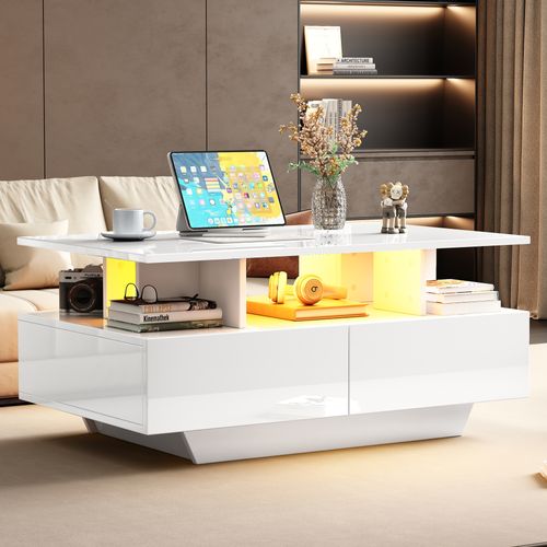 Table Basse Avec LED, 2 Tiroirs Et Rangements Intégrés - Plateau Laqué Haute Brillance - Blanc