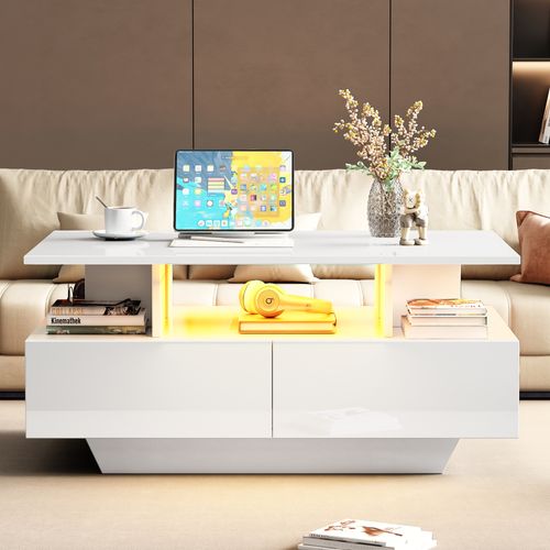 Table Basse Avec LED, 2 Tiroirs Et Rangements Intégrés - Plateau Laqué Haute Brillance - Blanc