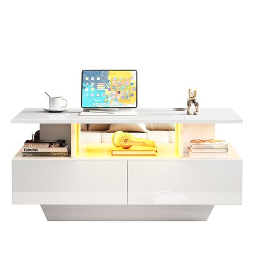 Table Basse Avec LED, 2 Tiroirs Et Rangements Intégrés - Plateau Laqué Haute Brillance - Blanc
