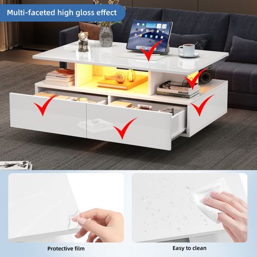 Table Basse Avec LED, 2 Tiroirs Et Rangements Intégrés - Plateau Laqué Haute Brillance - Blanc