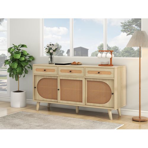 Buffet Bas, Portes Rotin Pe, 3 Tiroirs, Étagères Réglables, Meuble Rangement Moderne, Naturel