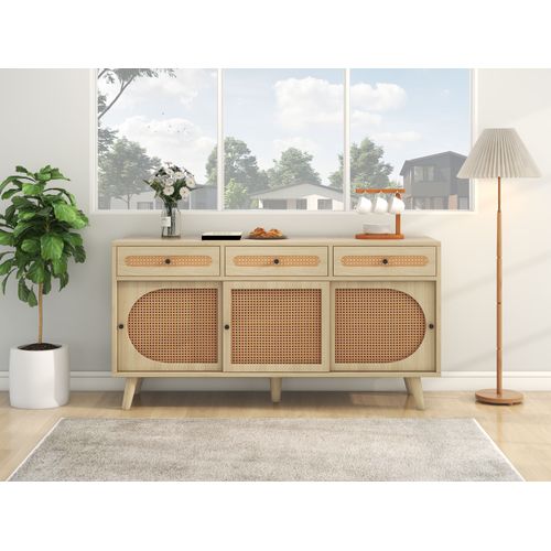 Buffet Bas, Portes Rotin Pe, 3 Tiroirs, Étagères Réglables, Meuble Rangement Moderne, Naturel
