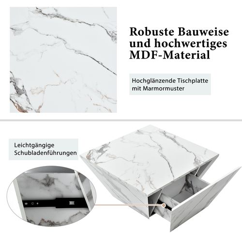 Table Basse Trapézoïdale, 2 Tiroirs, Design Moderne Effet Marbre, Rangement Mdf, Blanc