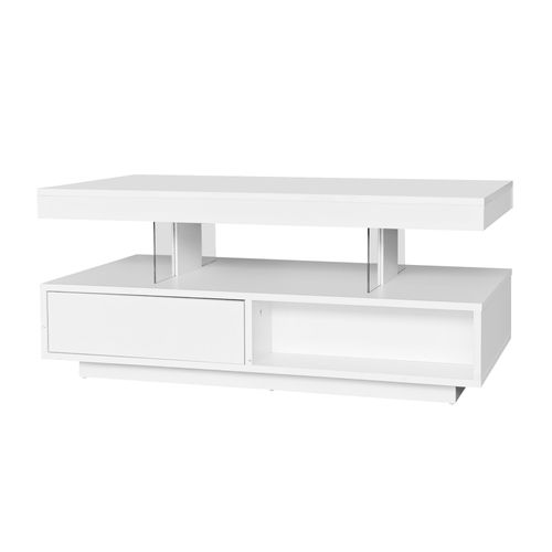 Table Basse LED Rectangulaire, 4 Plateaux Verre, 2 Tiroirs, 2 Niches Ouvertes, Mdf, Blanc