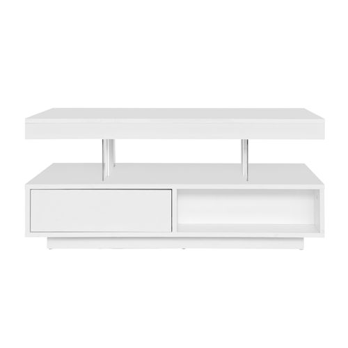 Table Basse LED Rectangulaire, 4 Plateaux Verre, 2 Tiroirs, 2 Niches Ouvertes, Mdf, Blanc