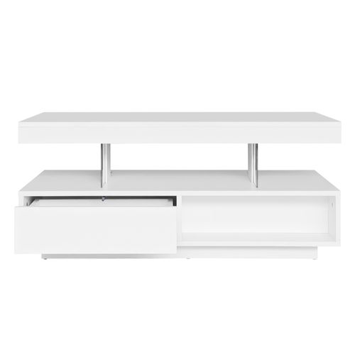Table Basse LED Rectangulaire, 4 Plateaux Verre, 2 Tiroirs, 2 Niches Ouvertes, Mdf, Blanc