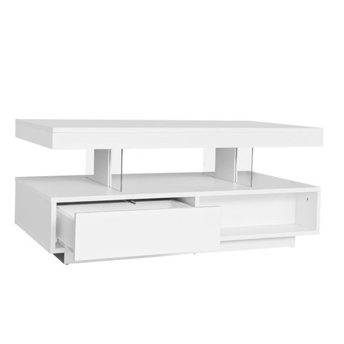 Table Basse LED Rectangulaire, 4 Plateaux Verre, 2 Tiroirs, 2 Niches Ouvertes, Mdf, Blanc