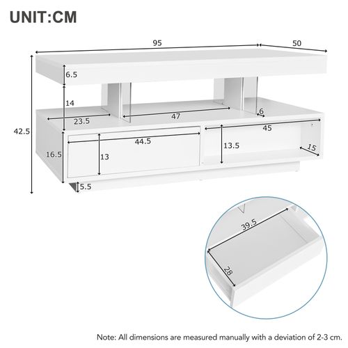 Table Basse LED Rectangulaire, 4 Plateaux Verre, 2 Tiroirs, 2 Niches Ouvertes, Mdf, Blanc