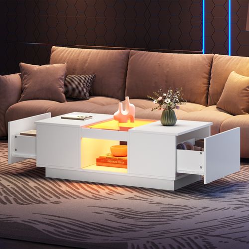 Table Basse LED Rectangulaire, Plateau Verre, 2 Tiroirs, 1 Niche, Mdf, Blanc