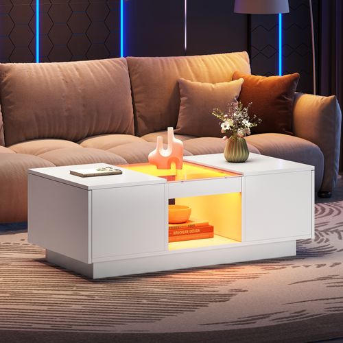 Table Basse LED Rectangulaire, Plateau Verre, 2 Tiroirs, 1 Niche, Mdf, Blanc
