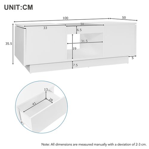 Table Basse LED Rectangulaire, Plateau Verre, 2 Tiroirs, 1 Niche, Mdf, Blanc