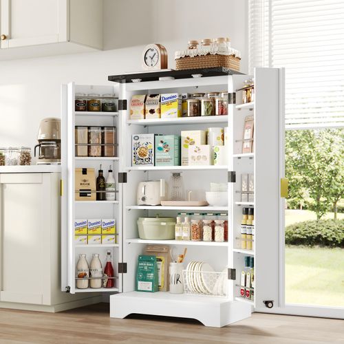 Buffet De Cuisine Avec Portes Et Étagères Réglables, Meuble De Cuisine Avec Éclairage LED - Blanc