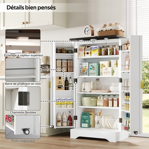 Buffet De Cuisine Avec Portes Et Étagères Réglables, Meuble De Cuisine Avec Éclairage LED - Blanc