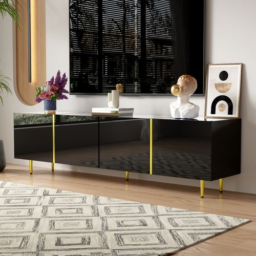 Meuble TV Élégant 4 Portes Avec Finition Dorée - Banc TV De Salon En Mdf Haute Brillance - Noir