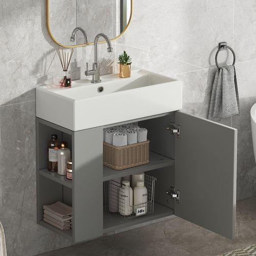 Meuble Lavabo Suspendu Avec Vasque Intégrée - Meuble Compact Petite Salle De Bain, Gris