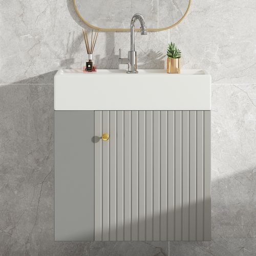 Meuble Lavabo Suspendu Avec Vasque Intégrée - Meuble Compact Petite Salle De Bain, Gris