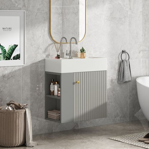 Meuble Lavabo Suspendu Avec Vasque Intégrée - Meuble Compact Petite Salle De Bain, Gris