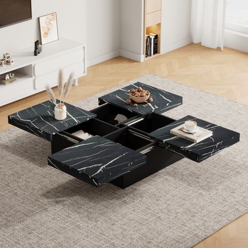 Table Basse Moderne Avec 4 Tiroirs De Rangement Et Plateau Coulissant - Panneau De Particules Noir