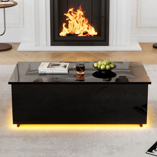 Table Basse Relevable Moderne, LED, Rangement Caché, Plateau Hydraulique, Panneaux Particules, Noir