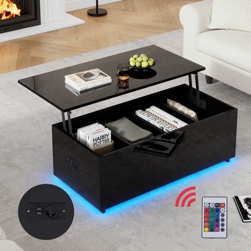 Table Basse Relevable Moderne, LED, Rangement Caché, Plateau Hydraulique, Panneaux Particules, Noir