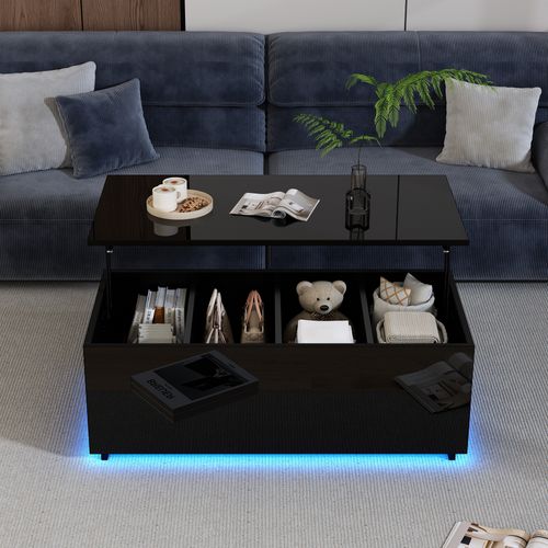 Table Basse Relevable Moderne, LED, Rangement Caché, Plateau Hydraulique, Panneaux Particules, Noir