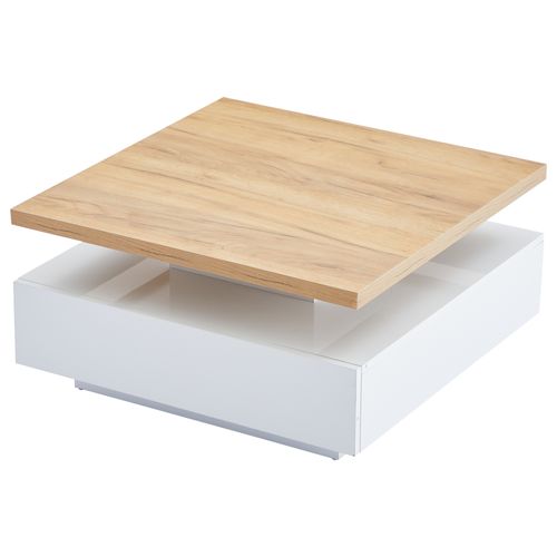 Table Basse Rotative 360°, Rangement, Tiroirs, Multifonction, Panneaux Particules, Blanc/noyer