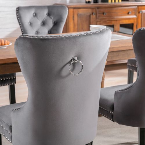 Chaises Salle à Manger Lot 2, Velours, Dossier Boutonné, Pieds Bois Massif - Gris
