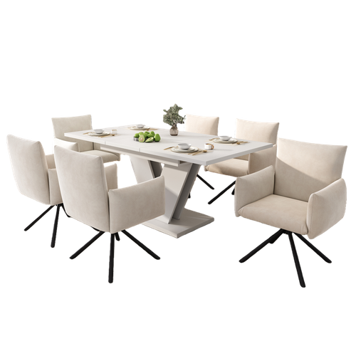 Ensemble Table et Chaises Salle à Manger, Table Extensible et 6 Chaises en Velours, Blanc et Beige