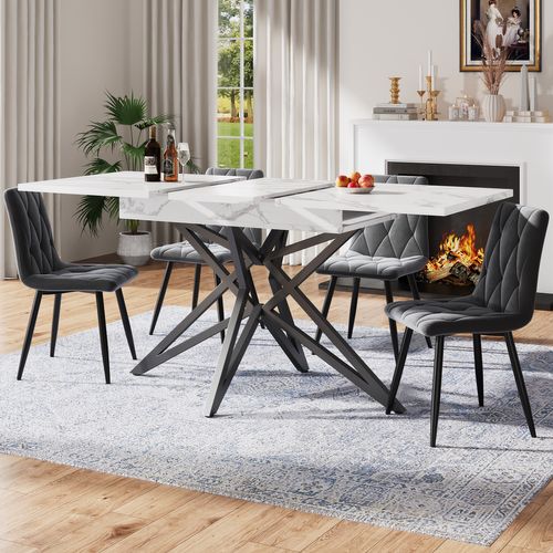 Ensemble Table à Manger Extensible 120/160 Cm + 4 Chaises Velours, Style Moderne - Gris/blanc