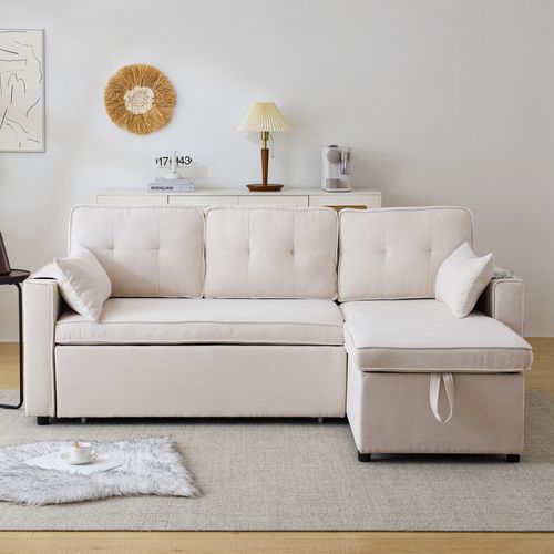 Canapé Droit Convertible 3 Places, Rangement Et Porte-gobelets, Structure Bois Et Fer - Beige