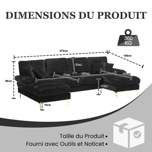 Canapé D’angle 4 Places, U-shape, Rembourrage Mousse, Pieds Métal - Chenille Noir