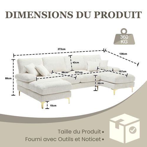 Canapé D’angle Modulable 4 Places, U-shape, Coussin Rembourré, Pieds Métal - Chenille Blanc